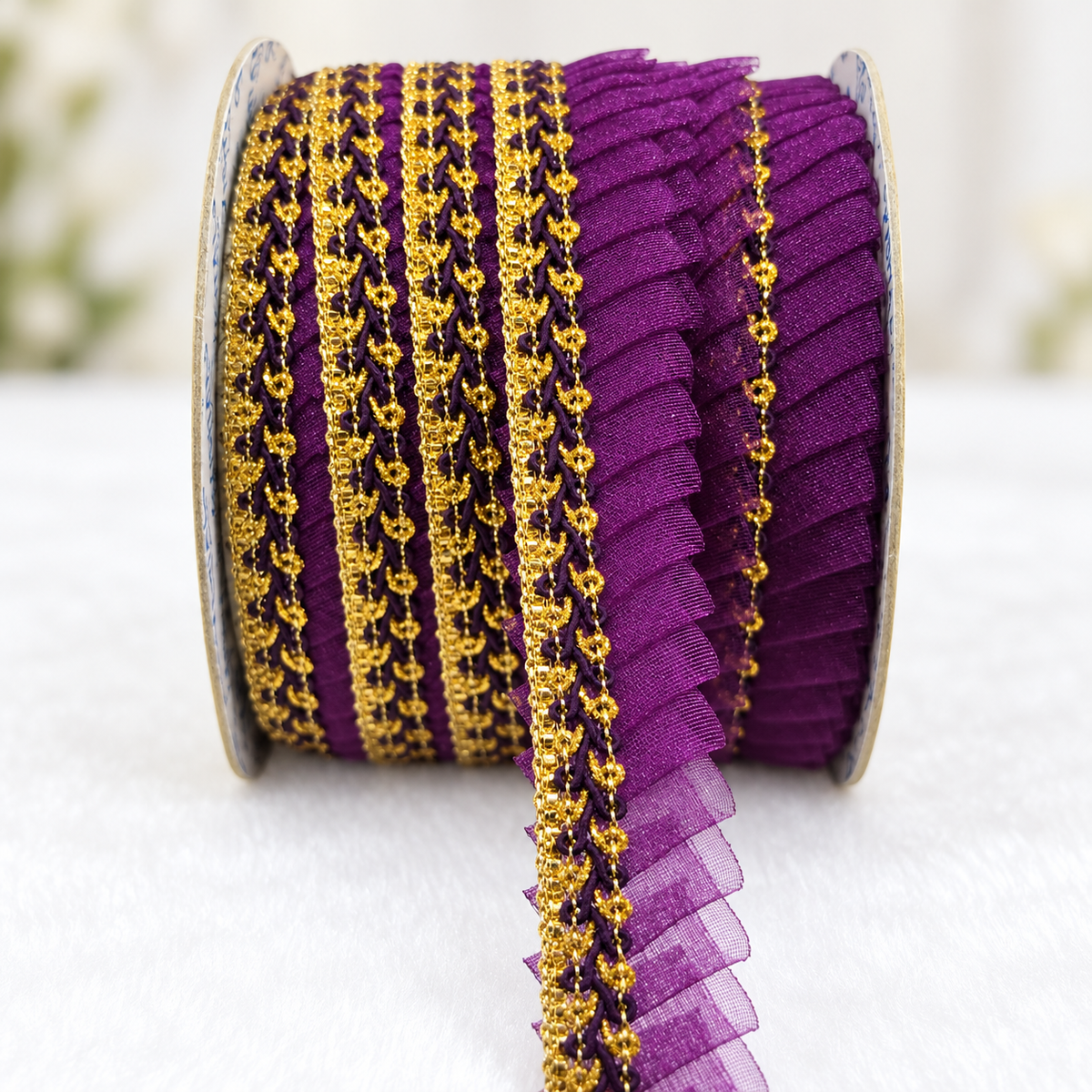 Purple & Gold Pleated Frill Lace Border for Saree, Blouse & Dupatta – Pack of 3 Rolls