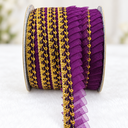 Purple & Gold Pleated Frill Lace Border for Saree, Blouse & Dupatta – Pack of 3 Rolls