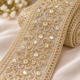 Premium Golden Floral Embroidered Sequin Lace Border for Saree, Blouse, Dupatta, Lehenga & Kurti – Designer Flower Lace Trim
