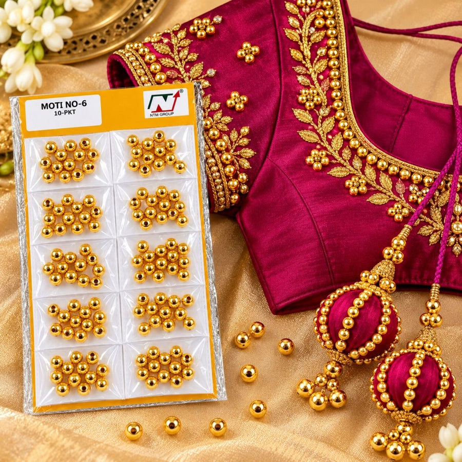 Moti No. 6 Golden Beads for Blouse, Saree, Lehenga & Embroidery – Pack of 10 Packets