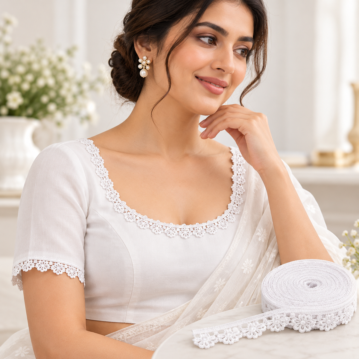 White Decorative Floral Lace 18 Meter Roll for Blouse, Saree, Kurti & Craft