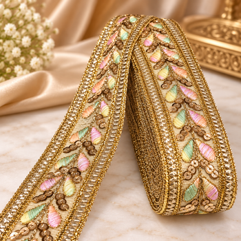 Premium Multicolour Floral Embroidered Golden Sequin Lace Border for Saree, Blouse, Dupatta, Lehenga & Kurti – 9 Meter