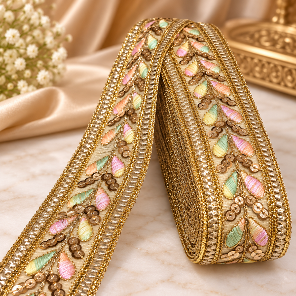 Premium Multicolour Floral Embroidered Golden Sequin Lace Border for Saree, Blouse, Dupatta, Lehenga & Kurti – 9 Meter