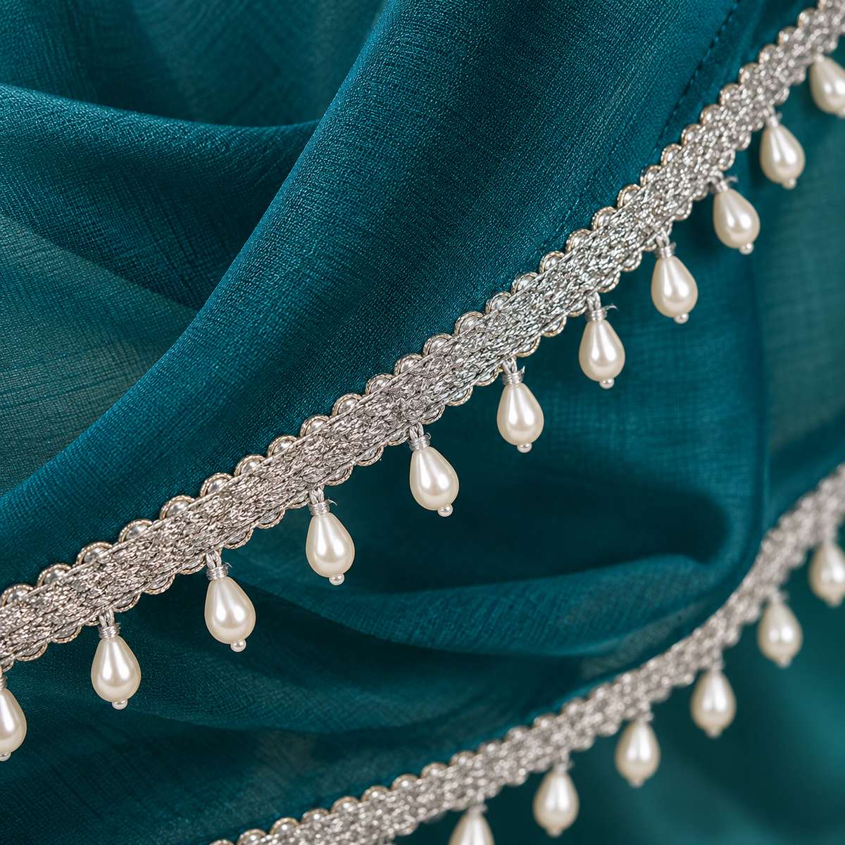 Premium Silver & White Pearl Teardrop Hanging Lace Border – 9 Meter | Designer Moti Latkan Lace for Saree, Blouse, Dupatta & Lehenga