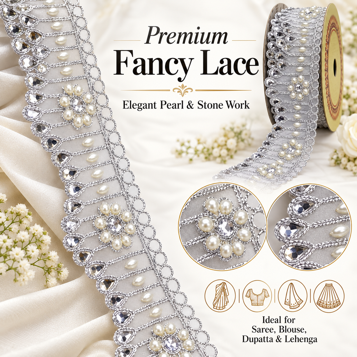 Premium Silver Pearl & Stone Work Floral Net Lace Border for Saree, Blouse, Dupatta & Lehenga