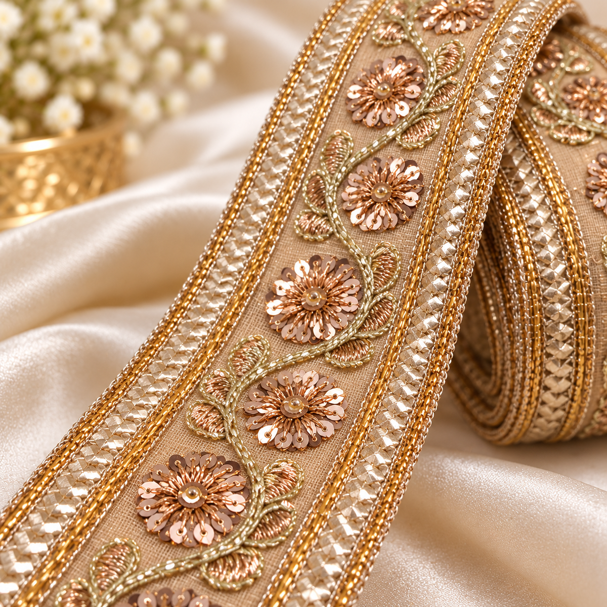 Premium Rose Gold Floral Sequin Embroidered Lace Border for Saree, Blouse, Dupatta, Lehenga & Kurti – Fancy Designer Lace