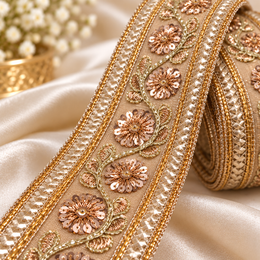 Premium Rose Gold Floral Sequin Embroidered Lace Border for Saree, Blouse, Dupatta, Lehenga & Kurti – Fancy Designer Lace