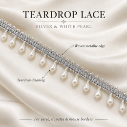 Premium Silver & White Pearl Teardrop Hanging Lace Border – 9 Meter | Designer Moti Latkan Lace for Saree, Blouse, Dupatta & Lehenga