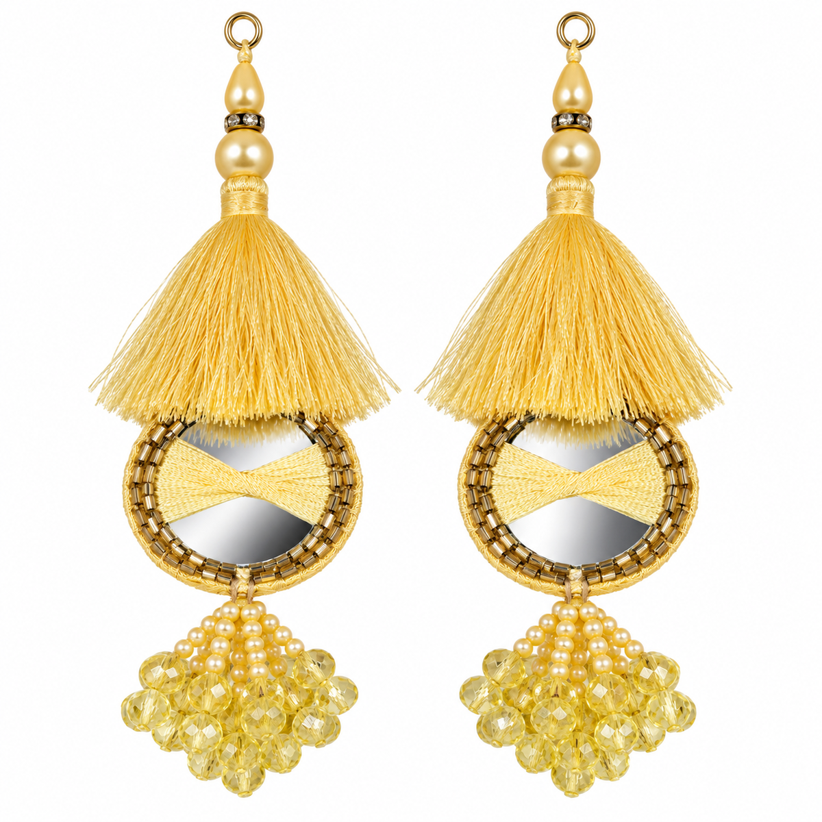 Golden Yellow Mirror Work Designer Latkan for Blouse & Lehenga Dori | Silk Thread Tassels with Round Mirror, Pearl & Crystal Bead Hanging | Pack of 12 Pieces (6 Pairs)