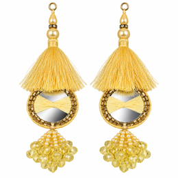 Golden Yellow Mirror Work Designer Latkan for Blouse & Lehenga Dori | Silk Thread Tassels with Round Mirror, Pearl & Crystal Bead Hanging | Pack of 12 Pieces (6 Pairs)