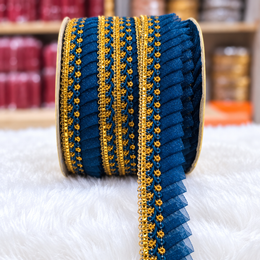 Peacock Blue & Gold Pleated Frill Lace Border for Saree, Blouse & Dupatta – Pack of 3 Rolls
