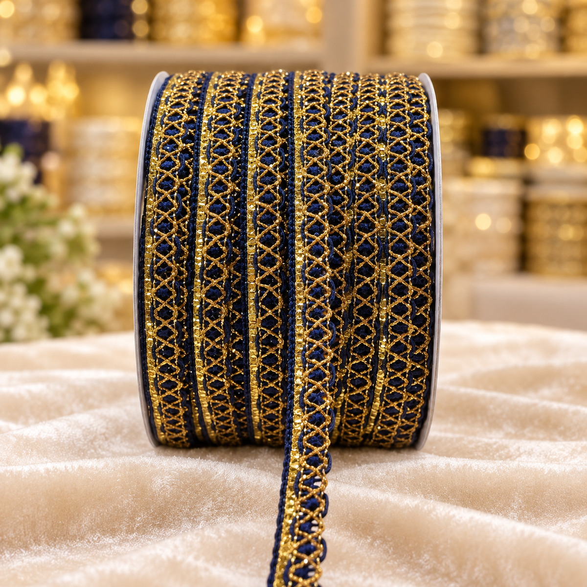 Premium Navy Blue Golden Designer Cross Pattern Lace Border for Saree, Blouse, Dupatta & Lehenga | Decorative Ethnic Lace Trim | Pack of 3 Rolls – 18 Meter