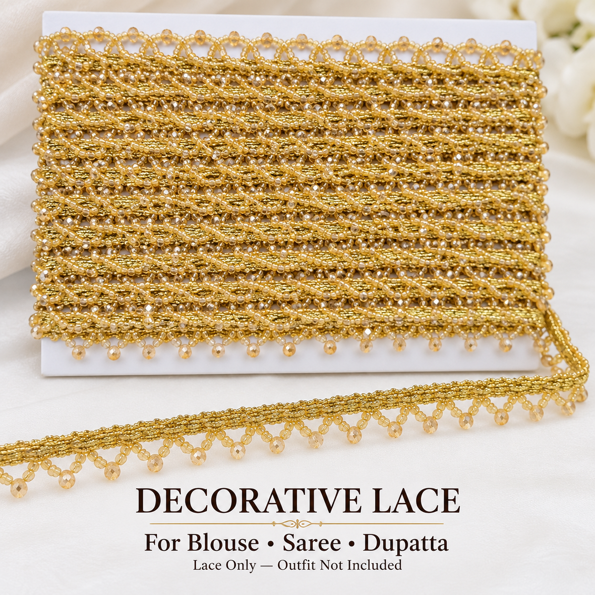 Golden Beaded Hanging Lace Border for Saree, Blouse & Dupatta – 9 Meter