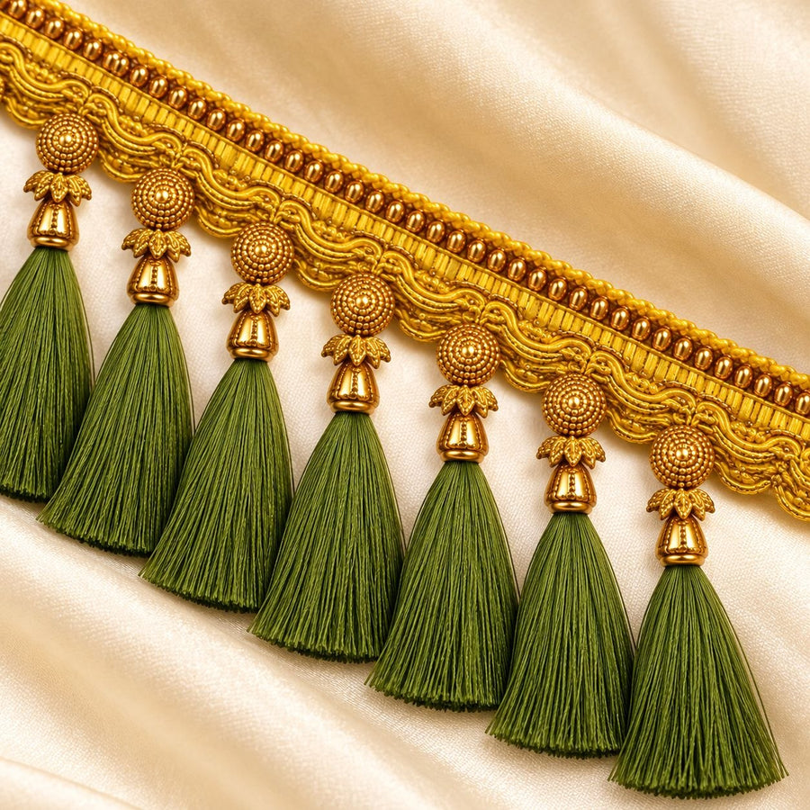 Premium Golden Saree Pallu Latkan Lace with Mehndi Green Tassels – 1.25 Metre Designer Decorative Border