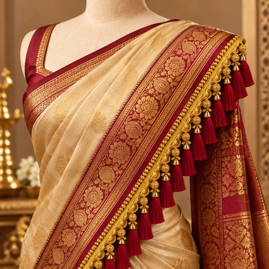 Premium Golden Saree Pallu Latkan Lace with Maroon Tassels – 1.25 Metre Designer Decorative Border