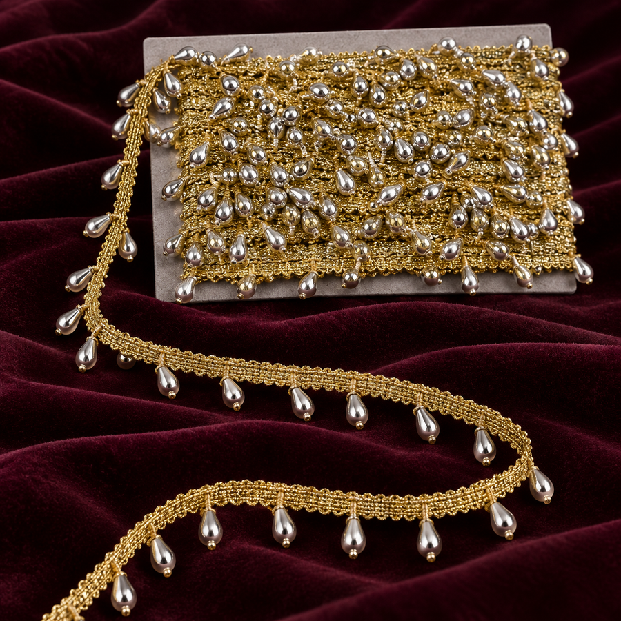 Premium Gold & Silver Teardrop Hanging Lace Border – 9 Meter | Designer Metallic Moti Latkan Lace for Saree, Blouse, Dupatta & Lehenga