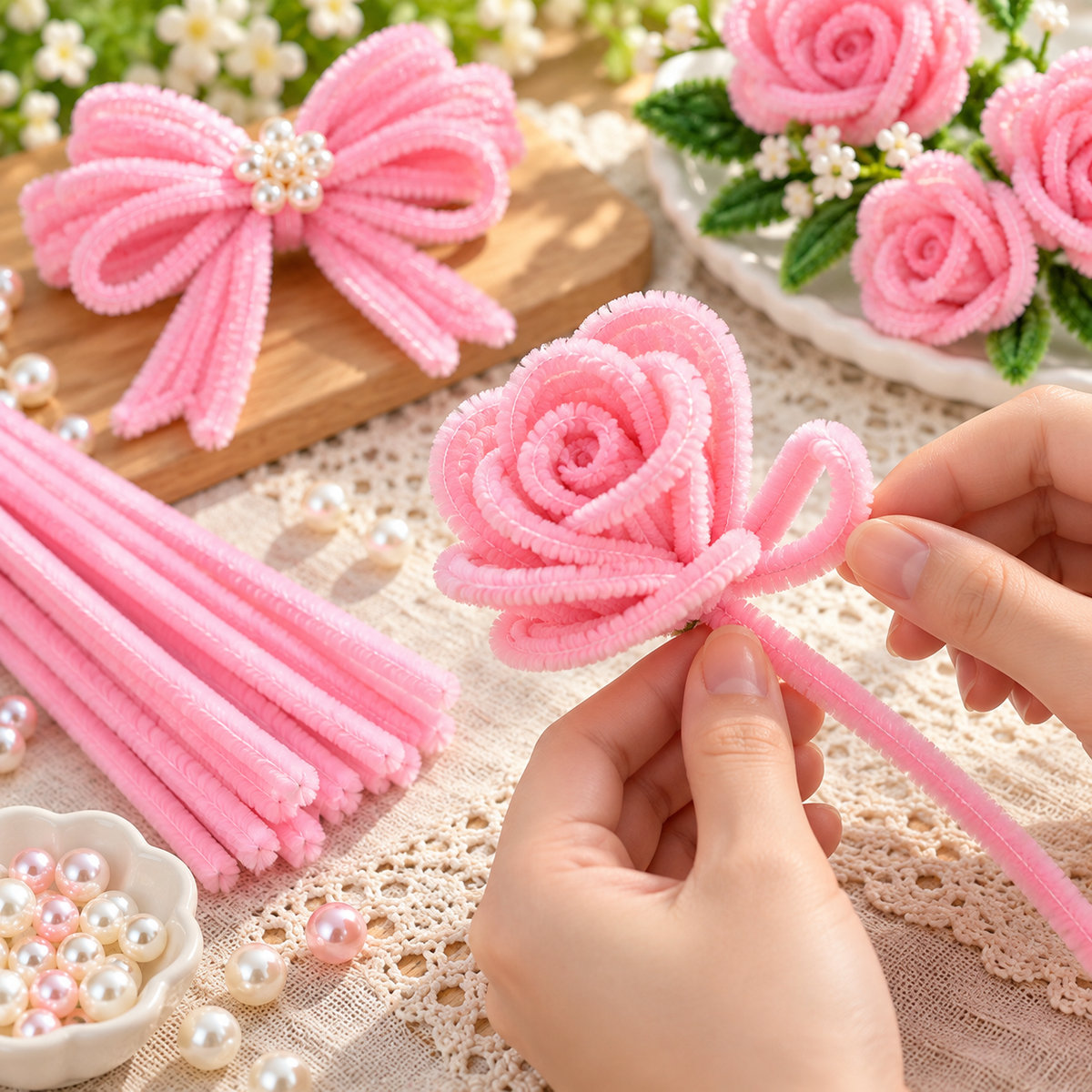 Pink Chenille Stems Pipe Cleaners for Craft & Flower Making – 100 Pieces per Packet