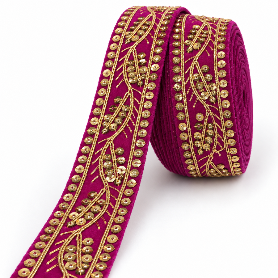 Premium Rani Pink Velvet Lace Border with Golden Sequin & Vine Embroidery Work for Saree, Blouse, Lehenga, Dupatta & Kurti