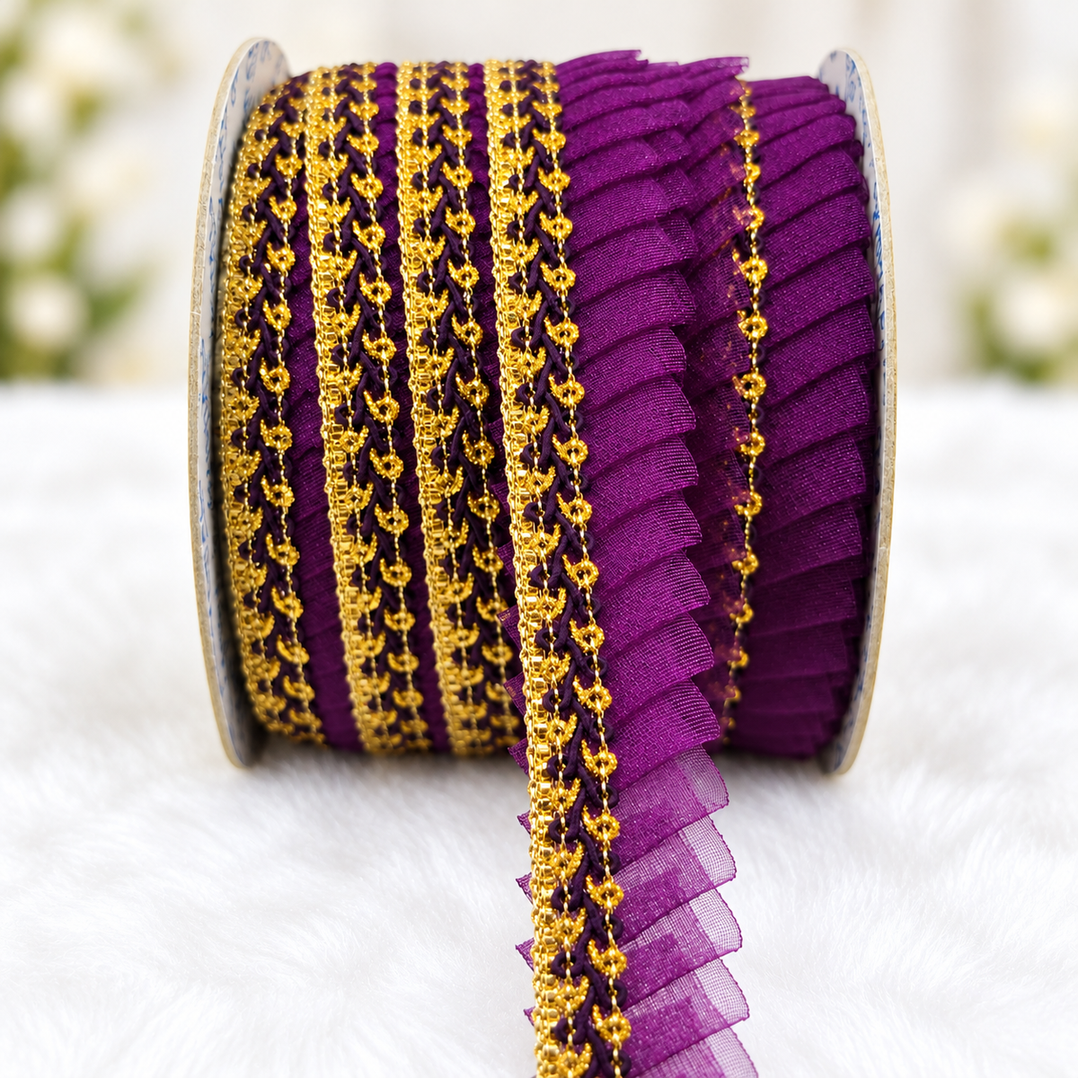 Purple & Gold Pleated Frill Lace Border for Saree, Blouse & Dupatta – Pack of 3 Rolls