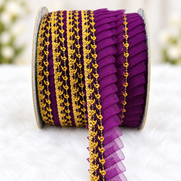 Purple & Gold Pleated Frill Lace Border for Saree, Blouse & Dupatta – Pack of 3 Rolls