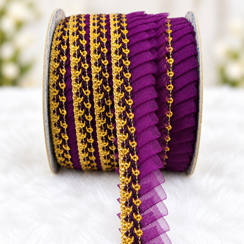 Purple & Gold Pleated Frill Lace Border for Saree, Blouse & Dupatta – Pack of 3 Rolls