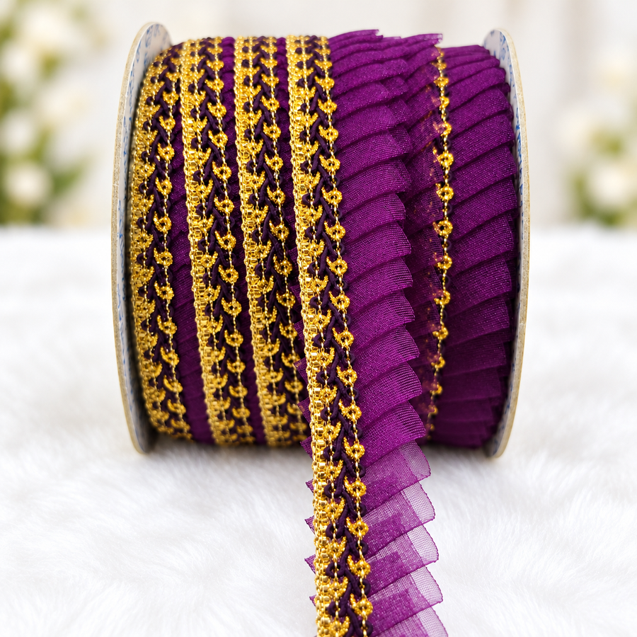 Purple & Gold Pleated Frill Lace Border for Saree, Blouse & Dupatta – Pack of 3 Rolls