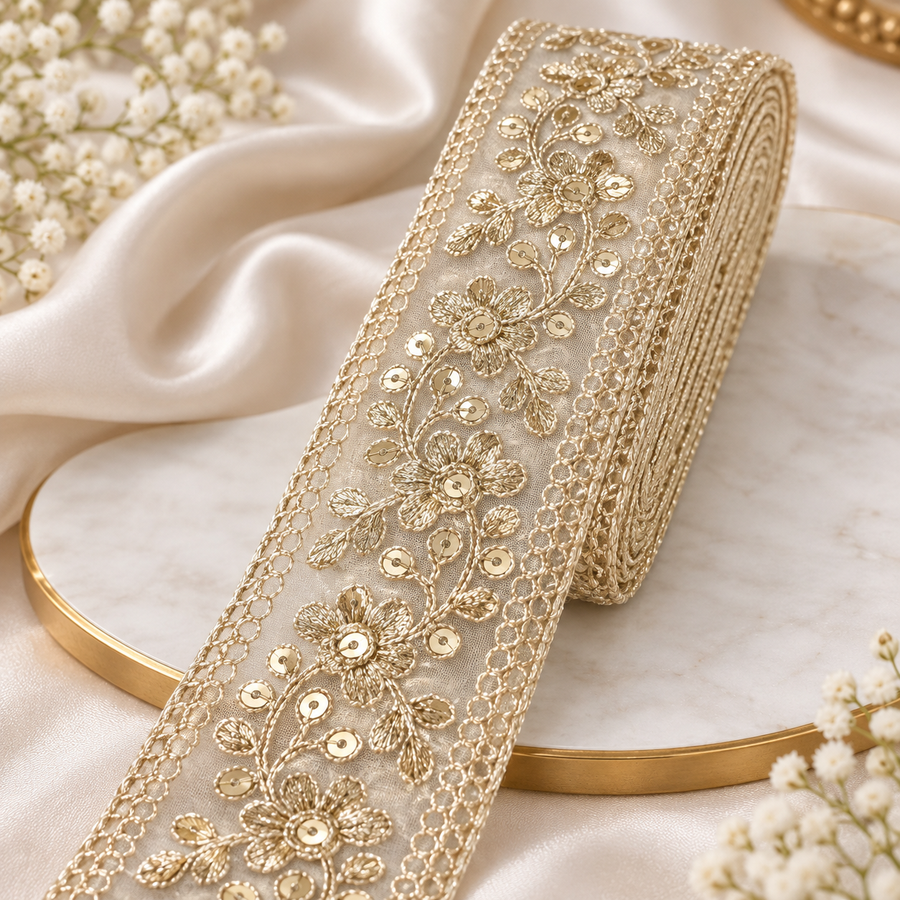 Premium Golden Floral Embroidered Sequin Lace Border for Saree, Blouse, Dupatta, Lehenga & Kurti – Designer Flower Lace Trim