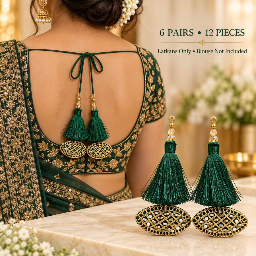Bottle Green & Gold Decorative Tassel Latkan for Blouse & Lehenga – Pack of 12 Pieces, 6 Pairs