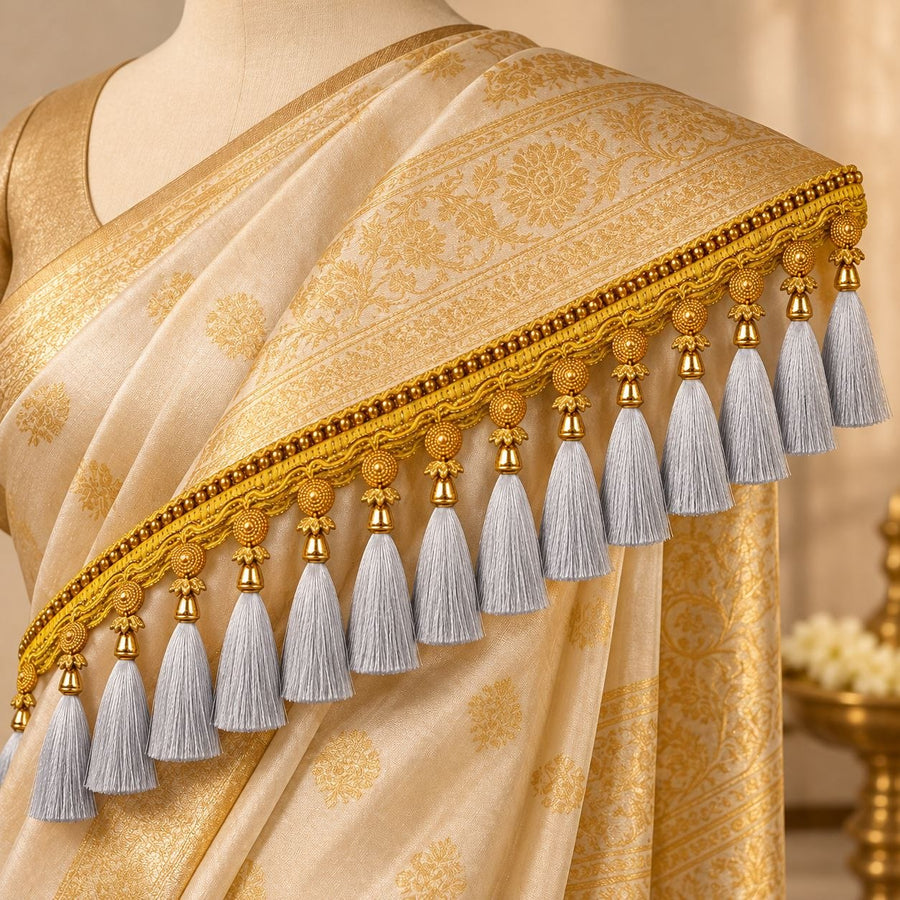 Premium Saree Pallu Latkan Lace 1.25 Metre | Golden Decorative Tassel Border with Silver Thread Latkan for Saree, Blouse & Dupatta