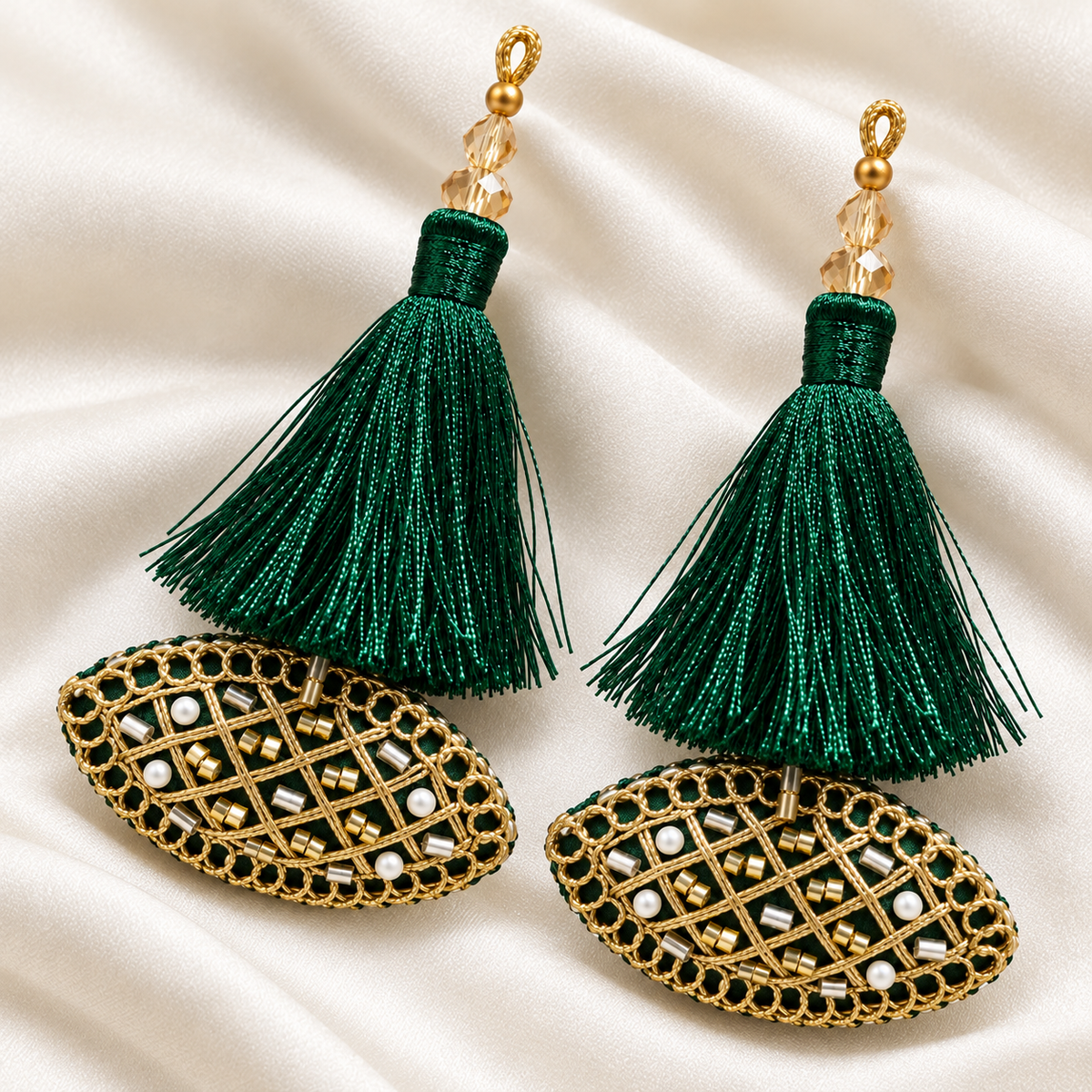 Bottle Green & Gold Decorative Tassel Latkan for Blouse & Lehenga – Pack of 12 Pieces, 6 Pairs