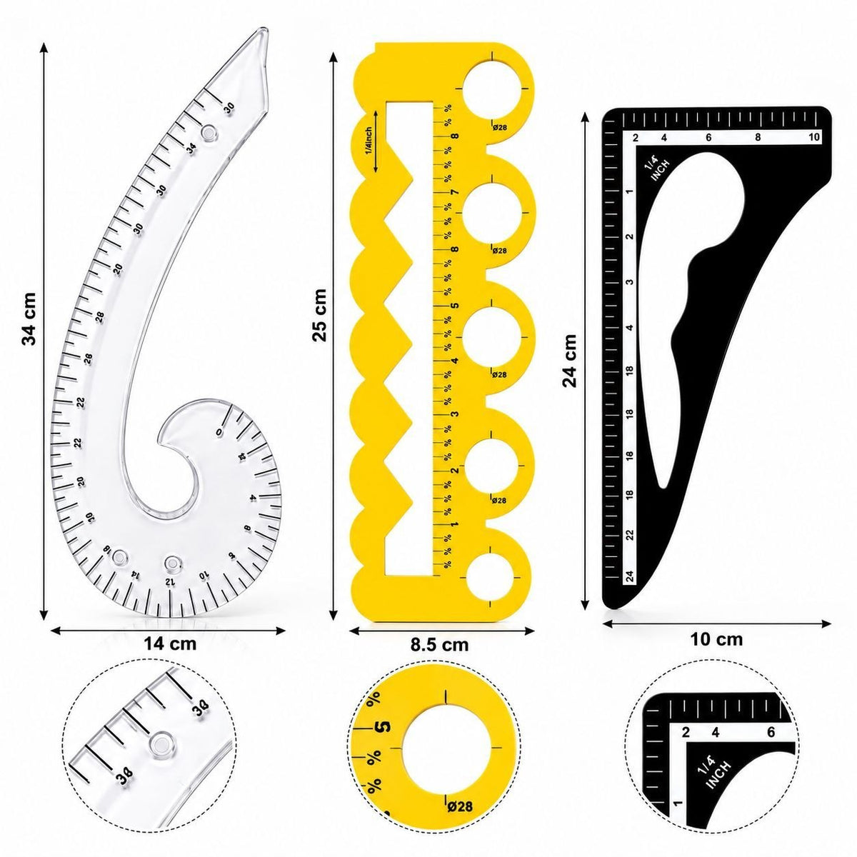 Tailoring Pattern Making Ruler Set – French Curve, Scallop Template & Designer Triangle – 3 Piece Set