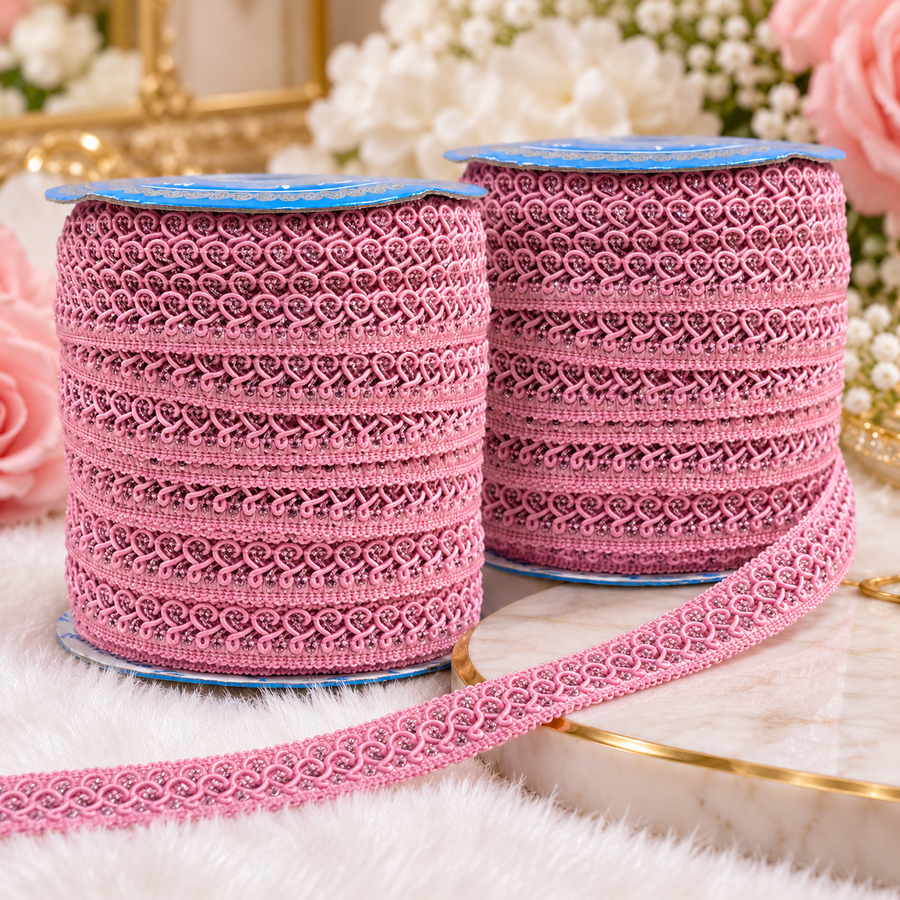 Baby Pink Designer Loop Lace Border 18 Meter | Decorative Embroidered Lace Trim for Blouse, Kurti, Saree, Dupatta & Lehenga