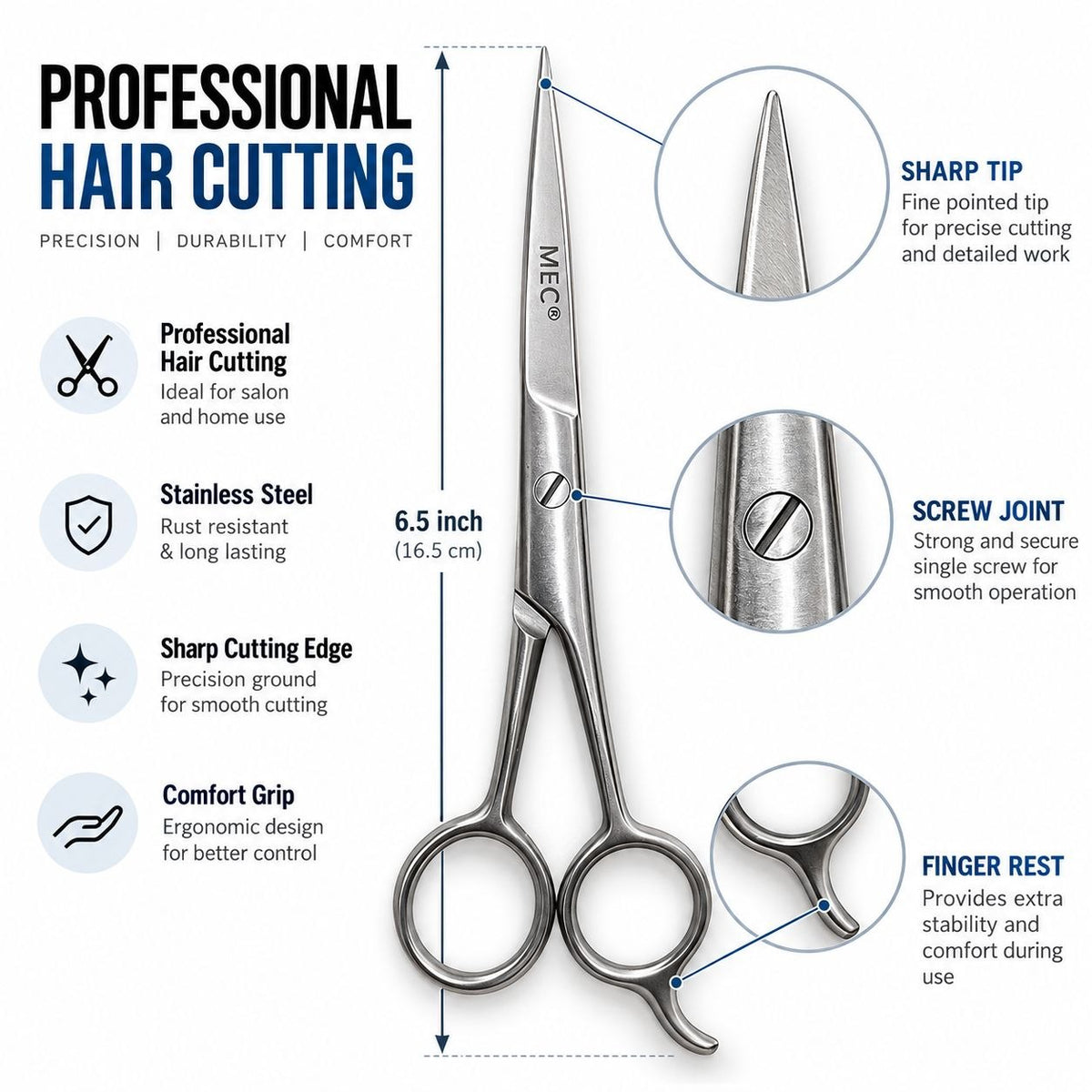 MEC Professional Hair Cutting Scissor 6.5 Inch | Stainless Steel Salon Scissors with Finger Rest