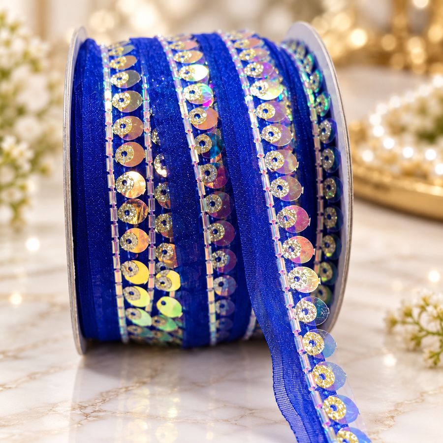 Royal Blue Sequin & Bead Work Decorative Lace Border for Saree, Blouse & Dupatta – Pack of 3 Rolls, 9 Meters Each