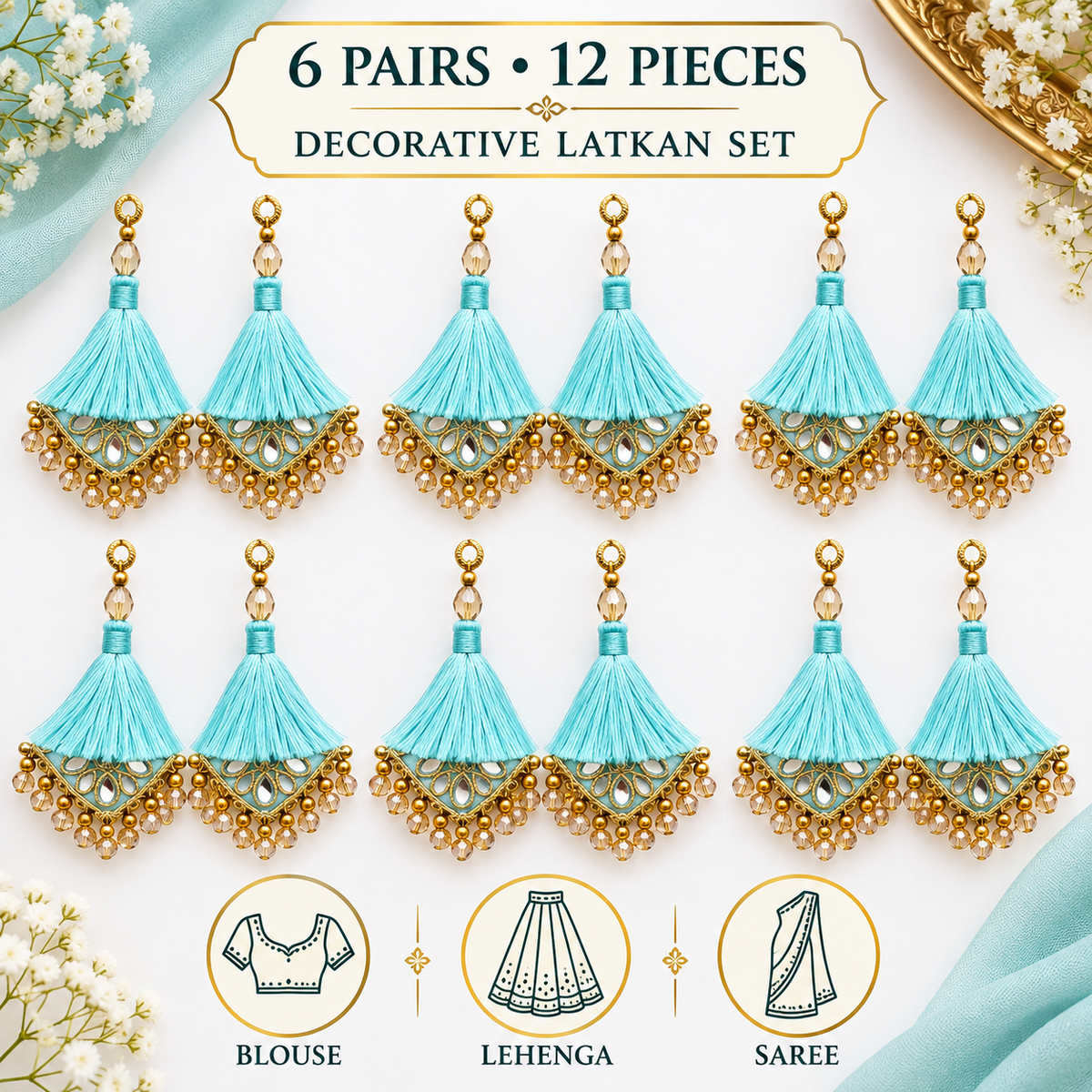 Sky Blue Decorative Tassel Latkan for Blouse, Lehenga & Saree – Pack of 12 Pieces (6 Pairs)
