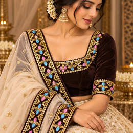 Premium Dark Chocolate Brown Velvet Lace Border with Golden Sequin Work & Pink Blue Floral Embroidery for Saree, Blouse, Lehenga & Dupatta
