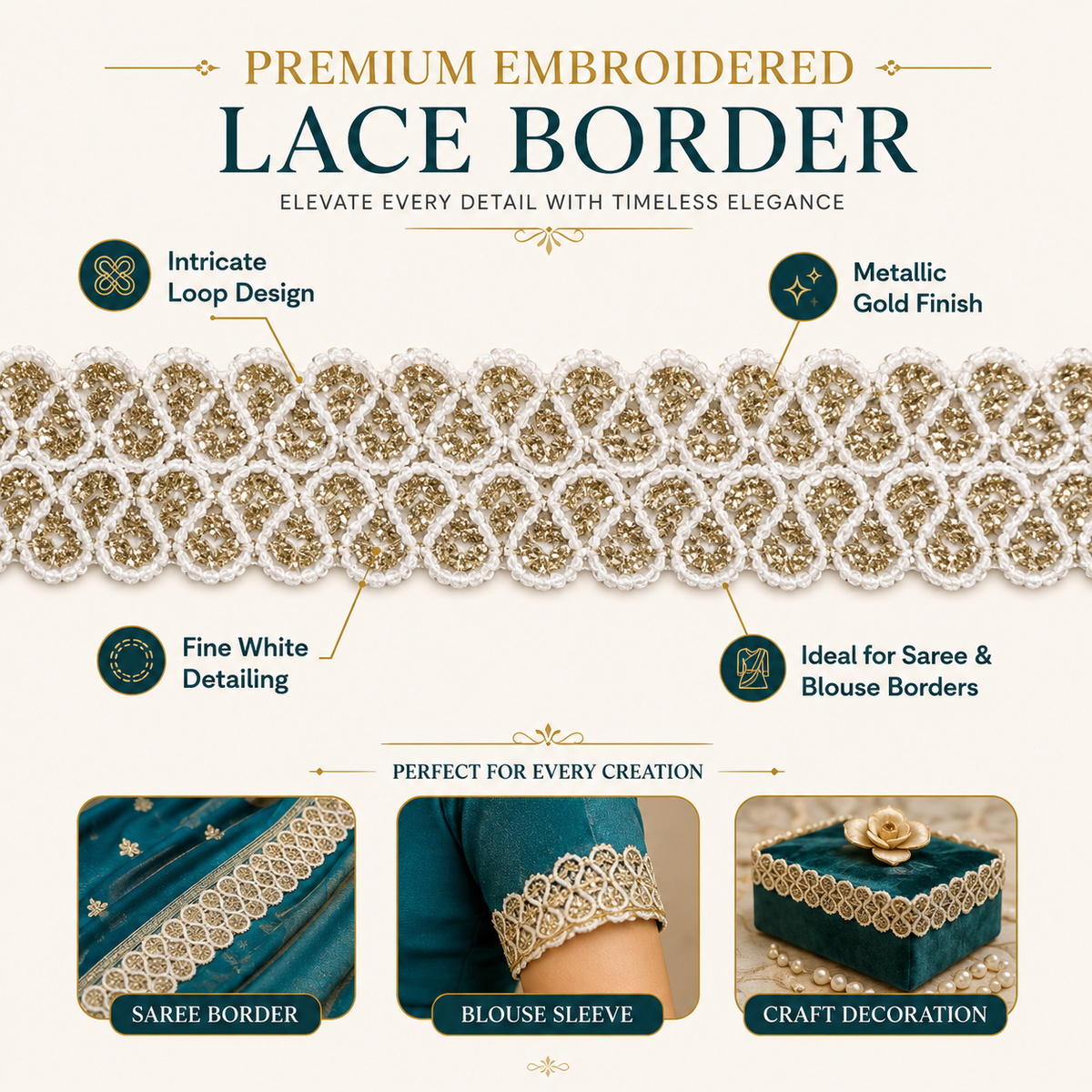 White & Gold Loop Design Decorative Lace Border for Saree, Blouse & Dupatta – 18 Meter Roll