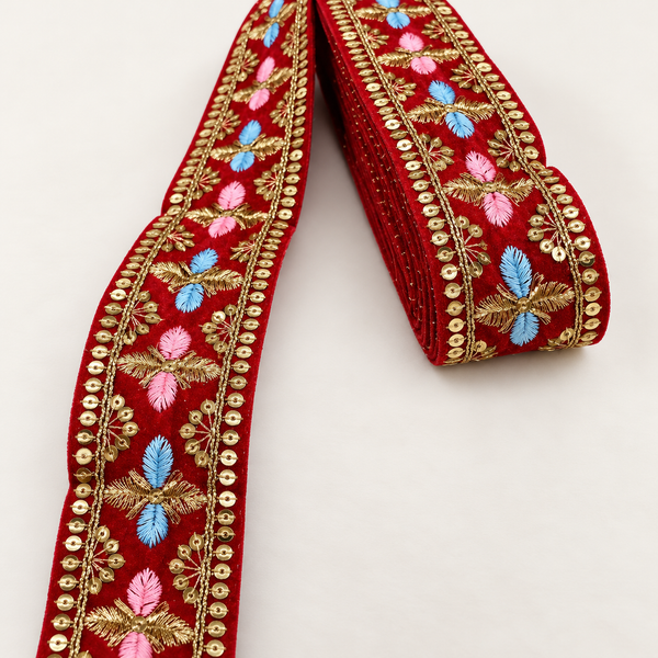 Premium Red Velvet Embroidered Lace Border with Pink Blue Floral Design & Golden Sequin Work for Saree, Blouse, Lehenga, Dupatta & Kurti