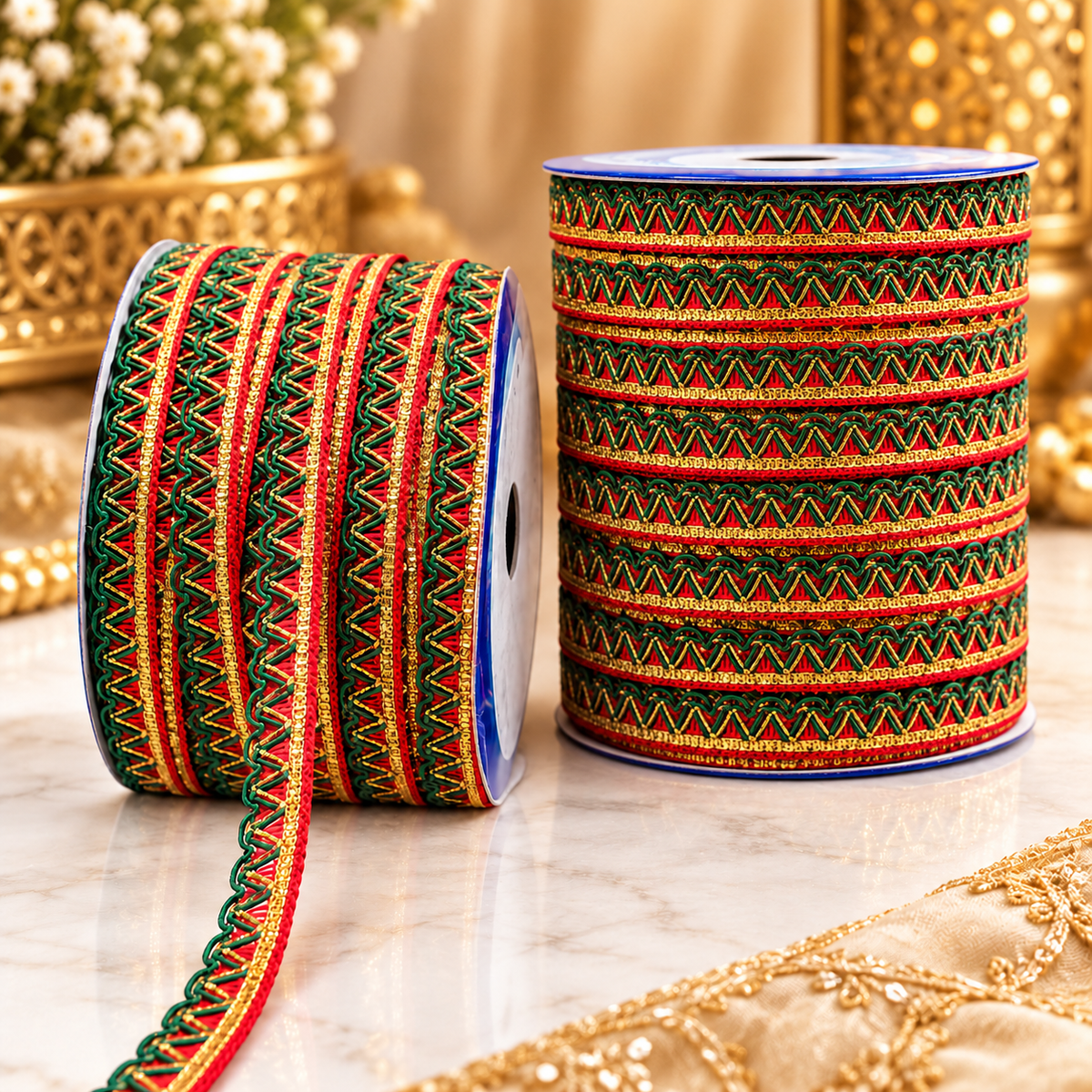 Red Green Golden Designer Zigzag Lace Border | 18 Meter | Pack of 3 Rolls | Decorative Lace Trim for Saree, Blouse, Dupatta, Lehenga & Ethnic Wear