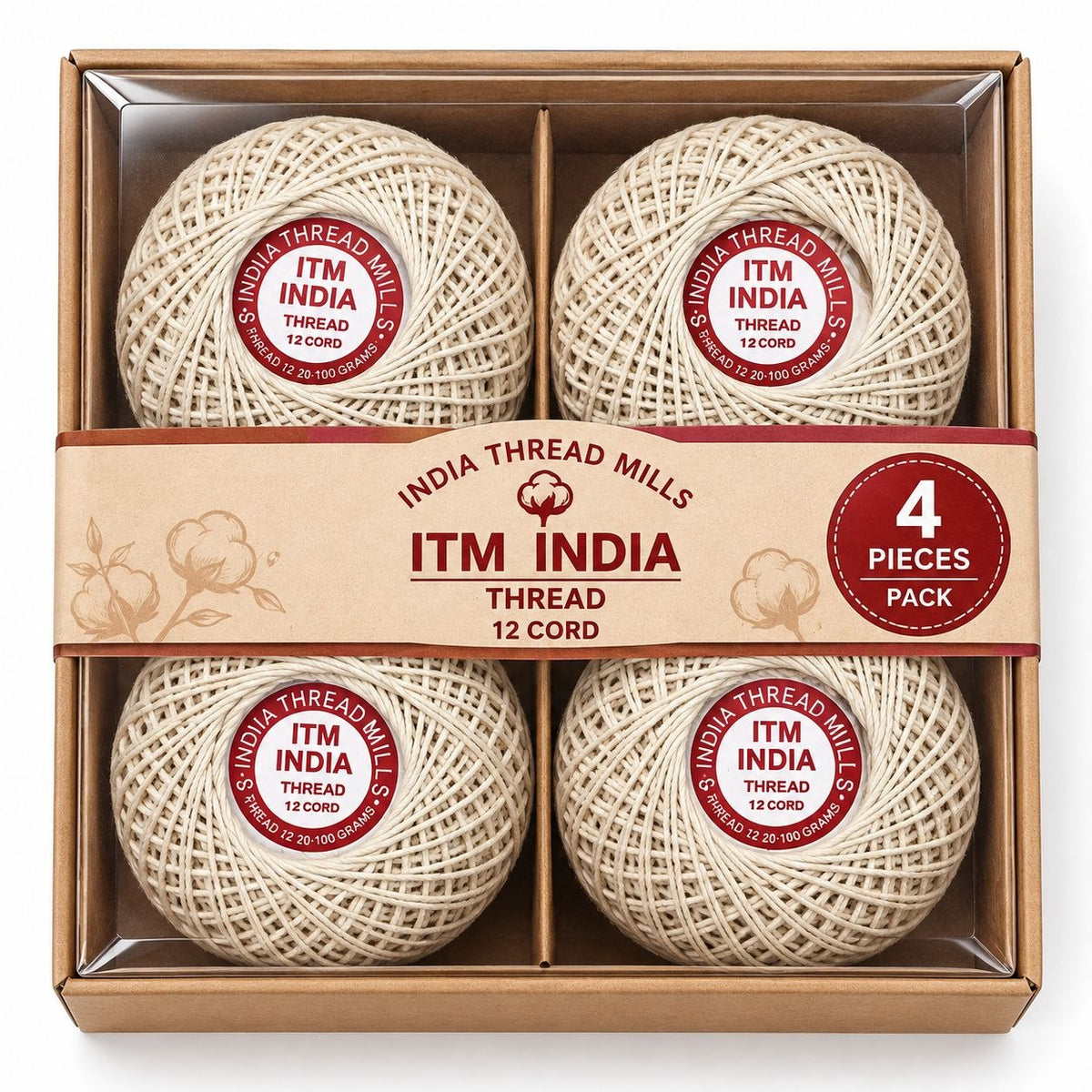 ITM India 12 Cord Cotton Thread 100g Each Pack of 4 | Crochet, Piping & Tailoring Thread
