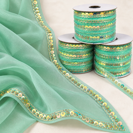 Mint Green Golden Sequin Saree Border Lace for Blouse, Dupatta and Dress