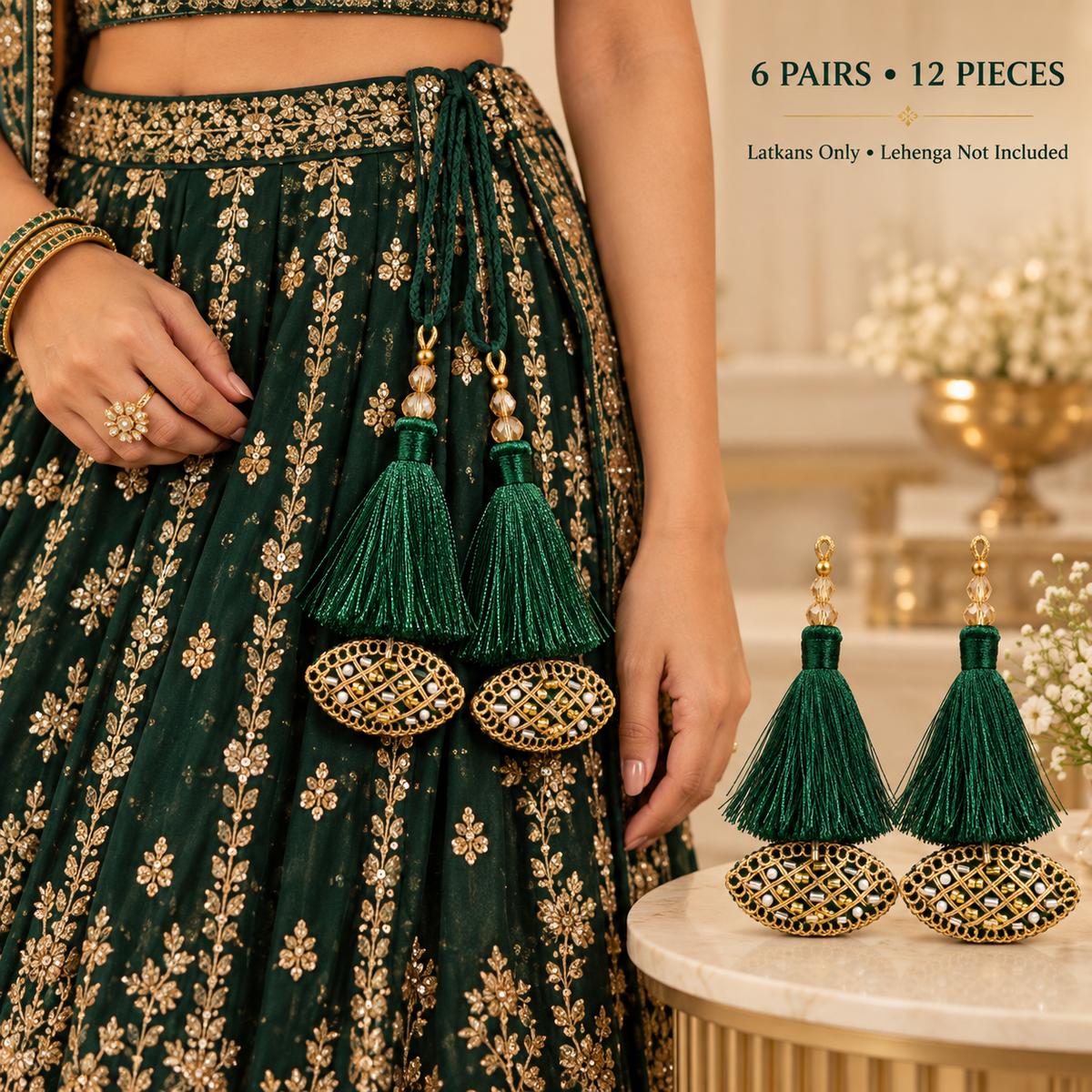 Bottle Green & Gold Decorative Tassel Latkan for Blouse & Lehenga – Pack of 12 Pieces, 6 Pairs