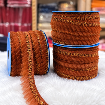 Rust Brown Pleated Frill Lace Border with Golden Detailing for Saree, Blouse & Dupatta – Pack of 3 Rolls