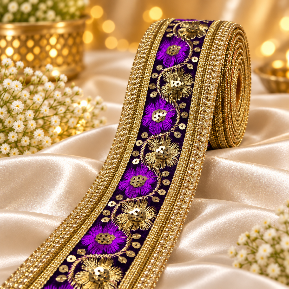Premium Purple & Gold Floral Embroidery Lace Border with Golden Sequin Work for Saree, Lehenga, Blouse, Dupatta & Bridal Wear – 9 Meter