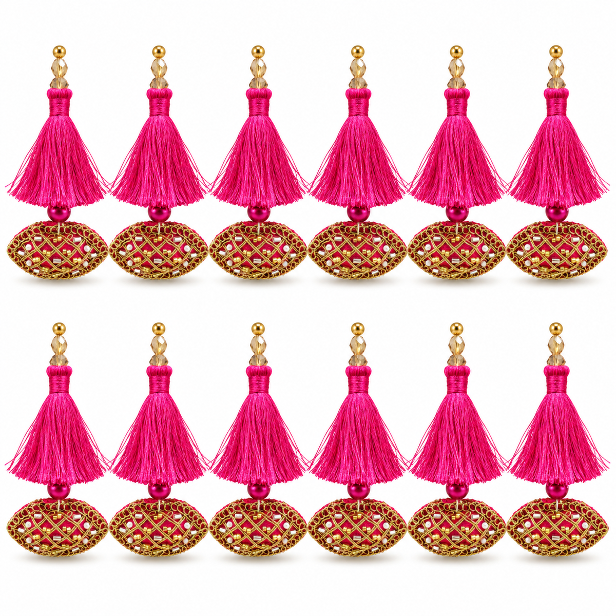 Rani Pink & Gold Decorative Tassel Latkan for Blouse & Lehenga – Pack of 12 Pieces, 6 Pairs