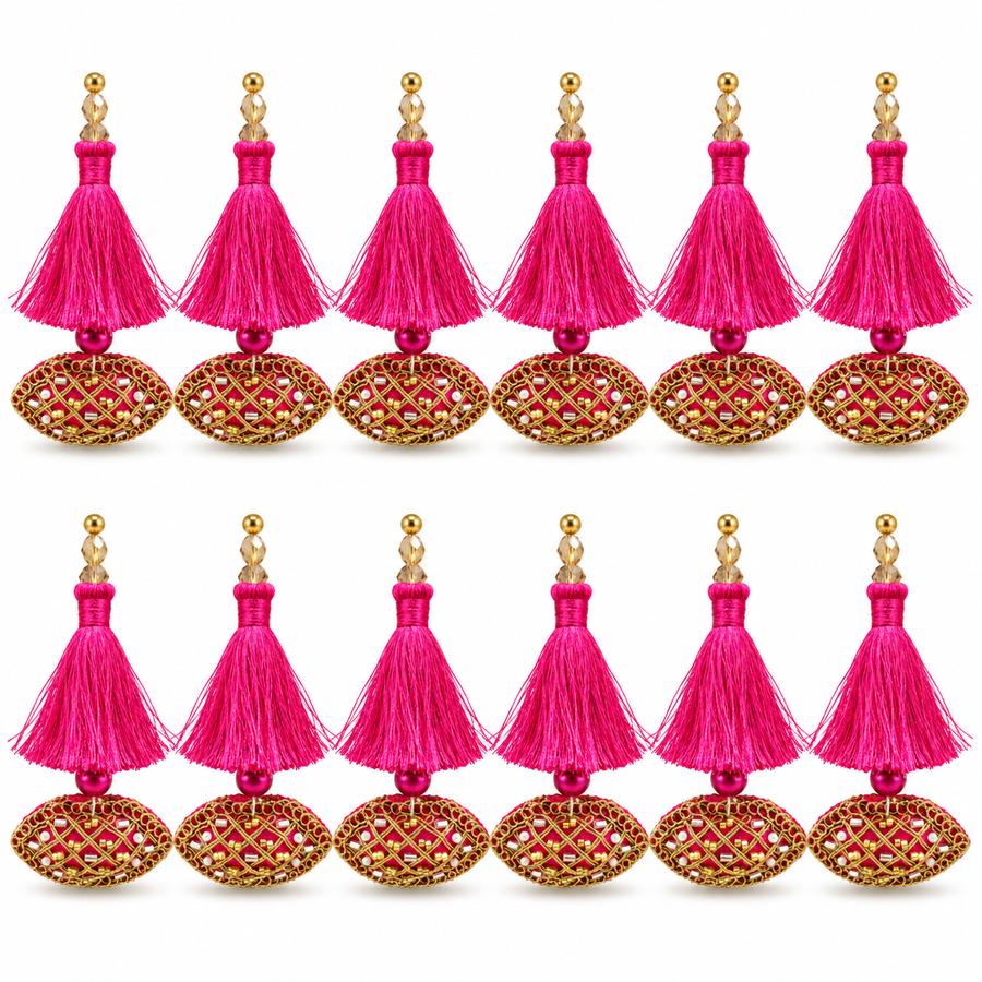 Rani Pink & Gold Decorative Tassel Latkan for Blouse & Lehenga – Pack of 12 Pieces, 6 Pairs