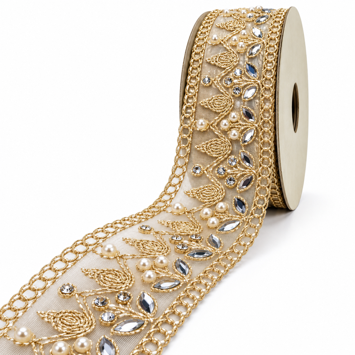 Premium Golden Pearl & Mirror Work Floral Net Lace Border for Saree, Blouse, Dupatta & Lehenga