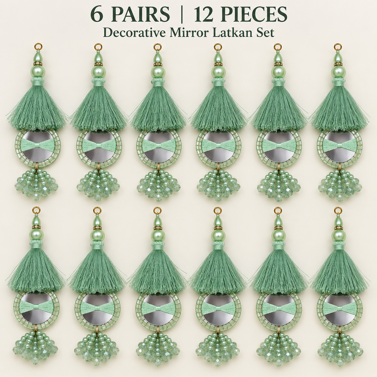 Pista Green Mirror Work Designer Latkan for Blouse & Lehenga Dori | Mint Green Silk Thread Tassel with Round Mirror, Pearl & Crystal Bead Hanging | Pack of 12 Pieces (6 Pairs)