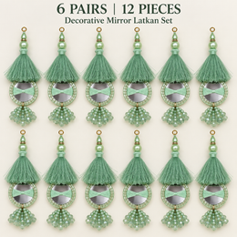Pista Green Mirror Work Designer Latkan for Blouse & Lehenga Dori | Mint Green Silk Thread Tassel with Round Mirror, Pearl & Crystal Bead Hanging | Pack of 12 Pieces (6 Pairs)