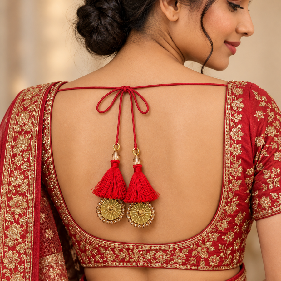 Red Thread Tassel Latkan with Golden Round Beaded Design for Blouse & Lehenga – 6 Pairs (12 Pieces)